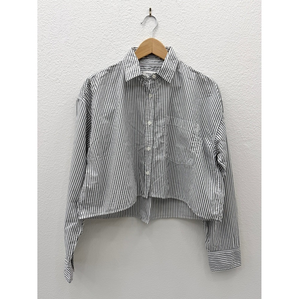 American Eagle White Black Striped Cropped Perfect Button-Up Shirt Cotton Medium